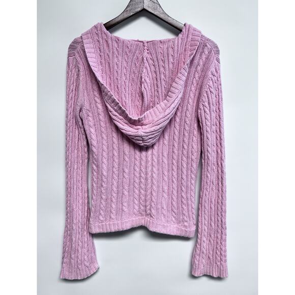 VTG Y2K Cable Knit Sweater L Pink Fitted V Neck Hooded Vampire Diaries Elena - Picture 11 of 13